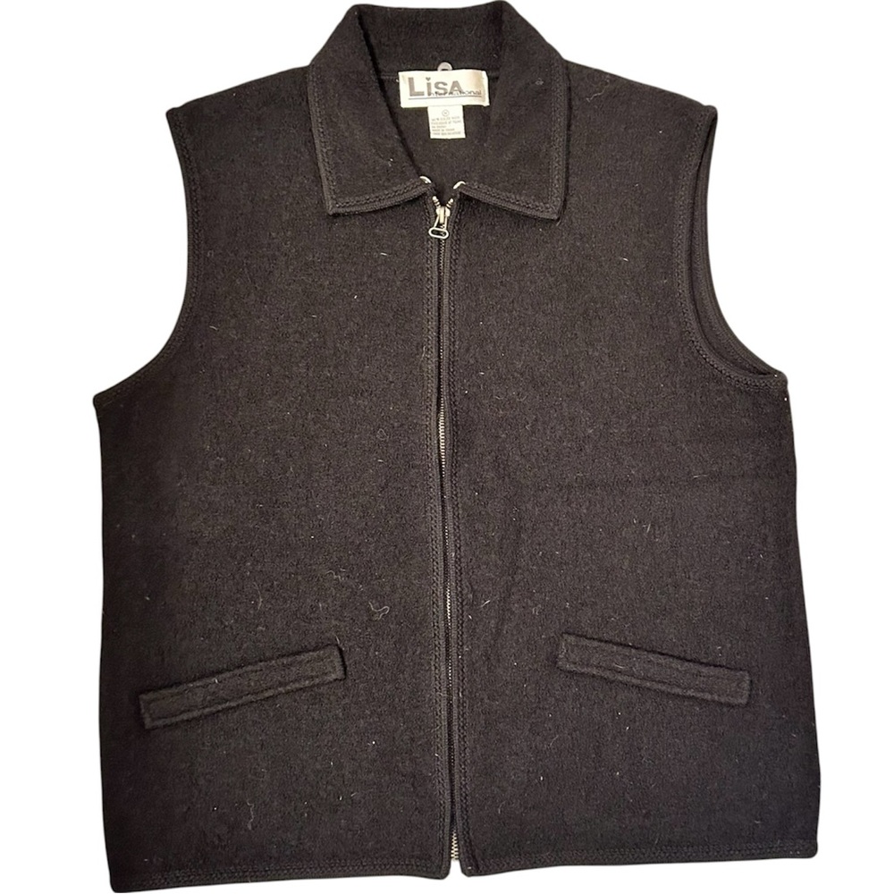 Lisa International Vintage Wool Vest Black Boiled Wool Ladies Zip Up Medium